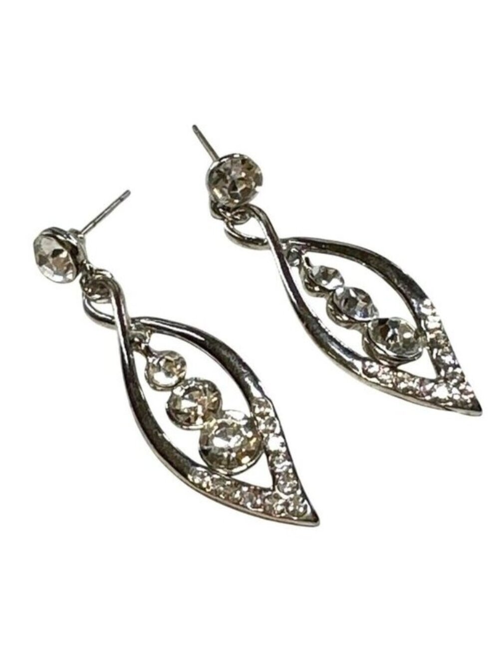 Silver Rhinestone Dangling Earrings With Open Marquise Design & Clear Gem Accent